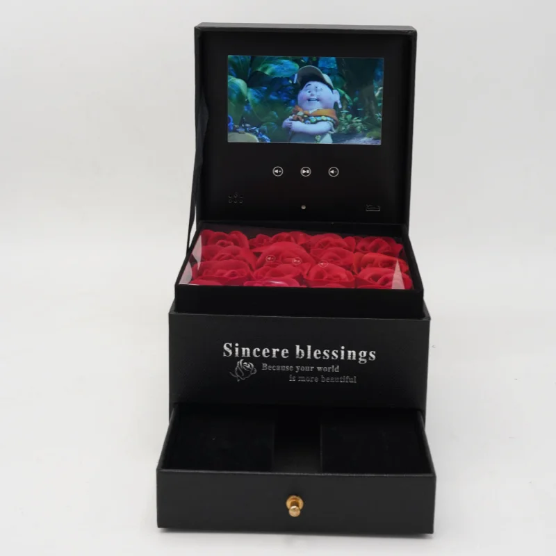 Luxury 4.3 Inch Lcd Screen Rigid box Ring Jewelry Rose Flower Packaging Custom Video Gift With Drawer