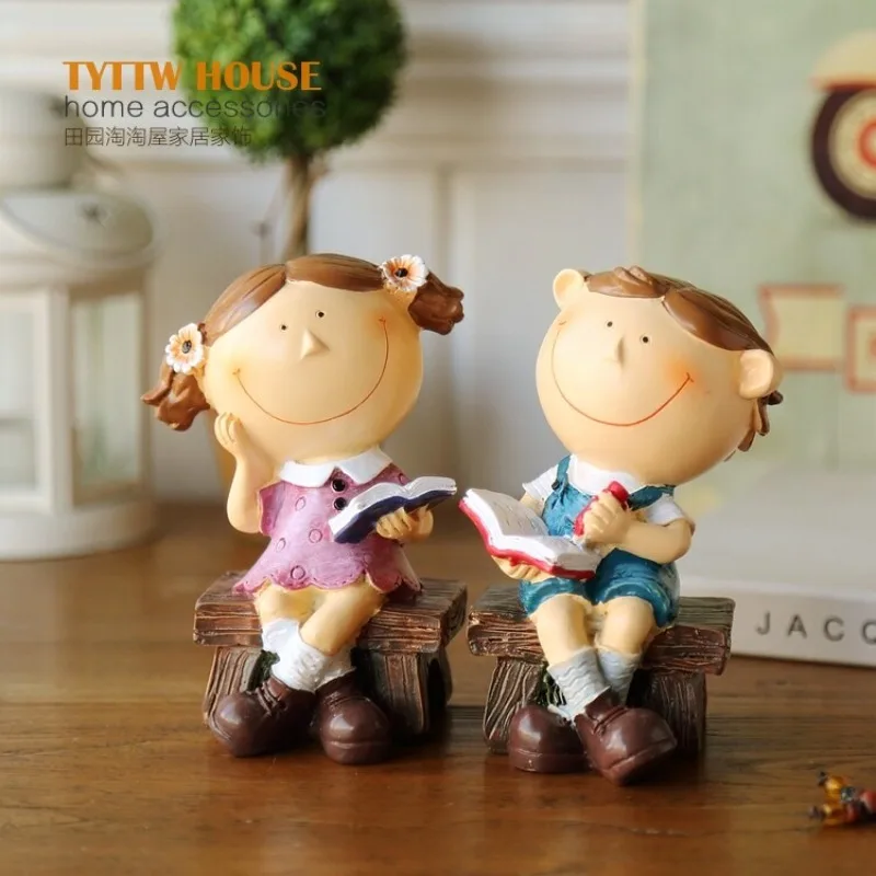 Pastoral Braided Hair Cartoon Figurine Children Room Decoration Resin Craft Ornament Living Room Wedding Gift Home Decor Accent