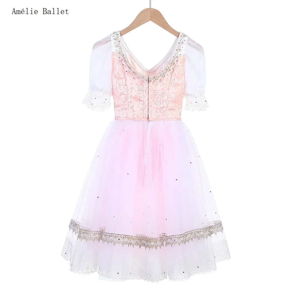 B24023 Customized Short Sleeves Pink Professional Ballet Tutu Girls & Women Performance or Competition Romantic Ballet Tutu