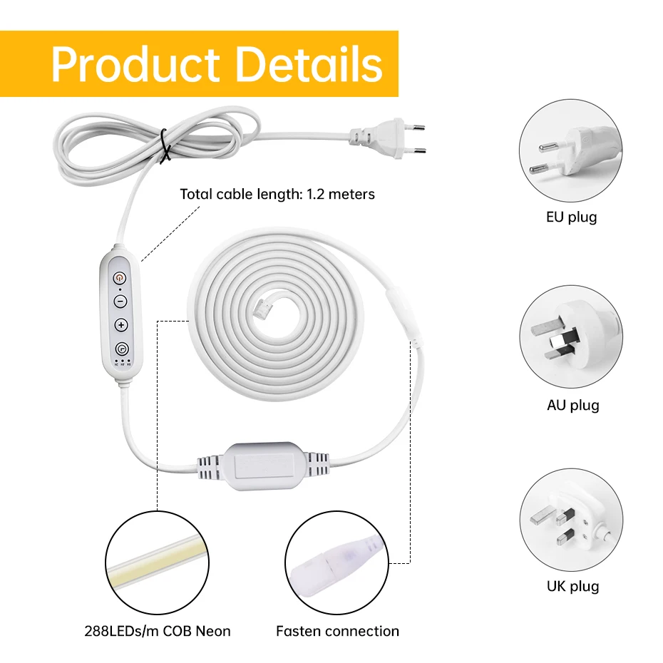 Self-adhesive 220V COB LED Strip 288LEDs/m IP65 Waterproof 1m-25m Length with Timing Dimming Switch EU/AU/UK Plug for Lighting