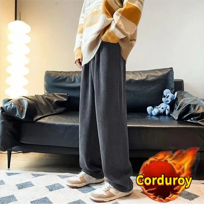 Thermal Pants Man Winter Warm Clothes Korean Style Corduroy Pants Wide Fleece Baggy Straight Plush and Thicken Trousers for Men