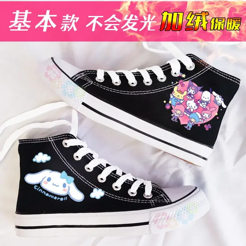 Kawaii Sanrio Hello Kitty Luminous Shoes Kuromi Cinnamoroll Anime Boy High Heel Canvas Breathable Fluffy Sneakers Couple Gifts