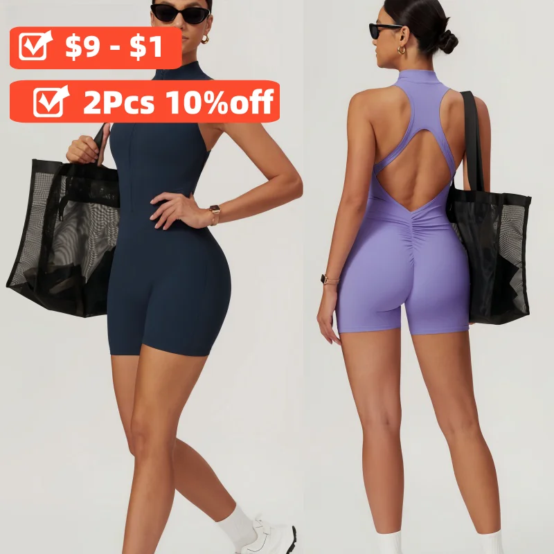 

Lo One Piece Sportwear Short Gym Suit for Fitness Woman's Tracksuit Sleeveless Backless Sport Jumpsuit Yoga Set Workout Overall