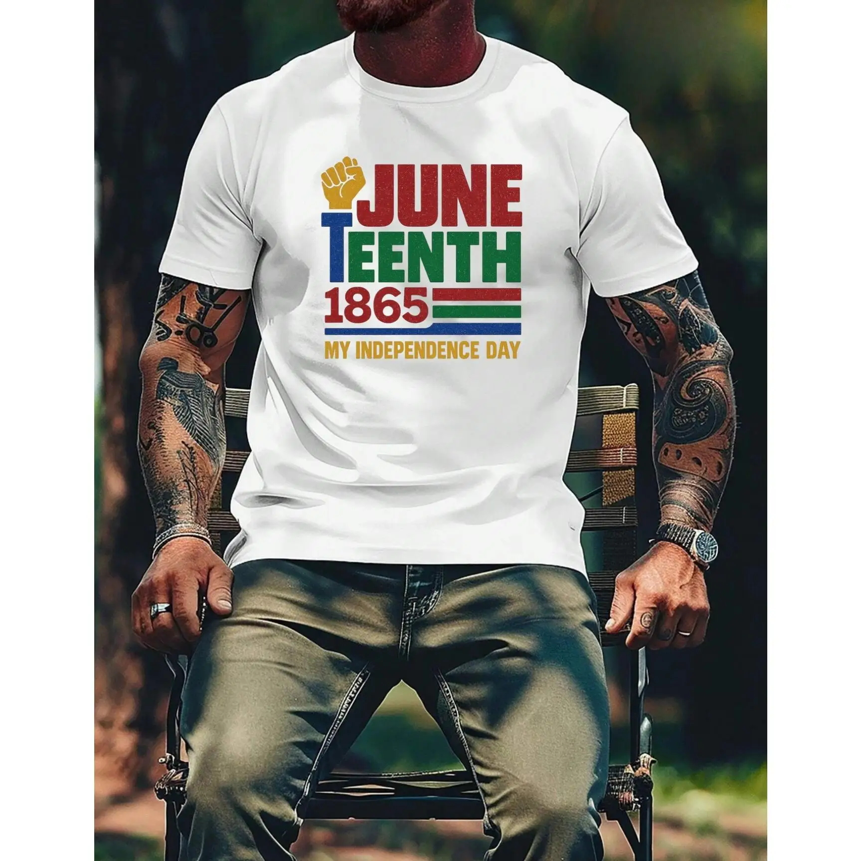 

Men's Juneteenth Graphic T-Shirt - Golden Fist & Colorful Stripes Design, 100% Cotton Regular Fit Short Sleeve Tee for Casual