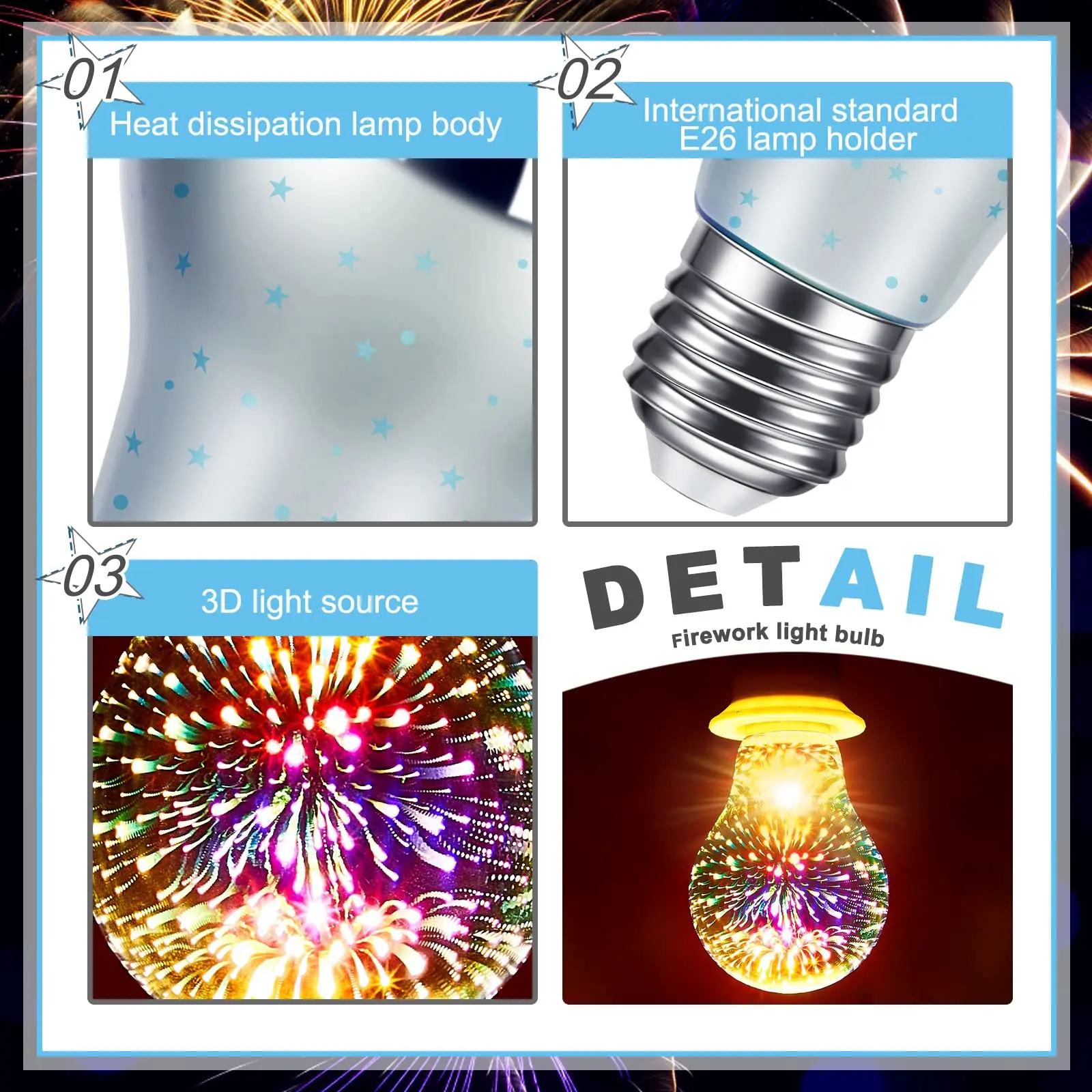 3D Decoration LED Bulb E27 5W 85~265V Vintage Incandescent Bulbs Retro Edison Lamp Fireworks Lamp A60 ST64