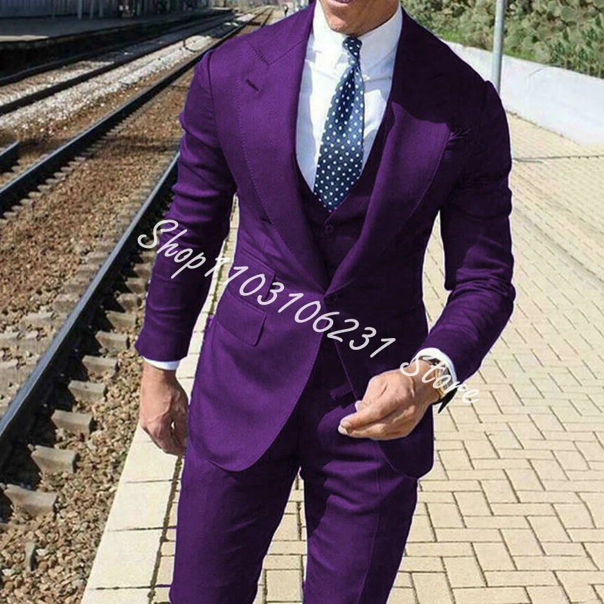 Black Men Suits Business Office Jacket Pants Vest Three-Piece Set Slim Fit Outfit Wedding Tuxedos Blazer Custom Trajes De Hombre