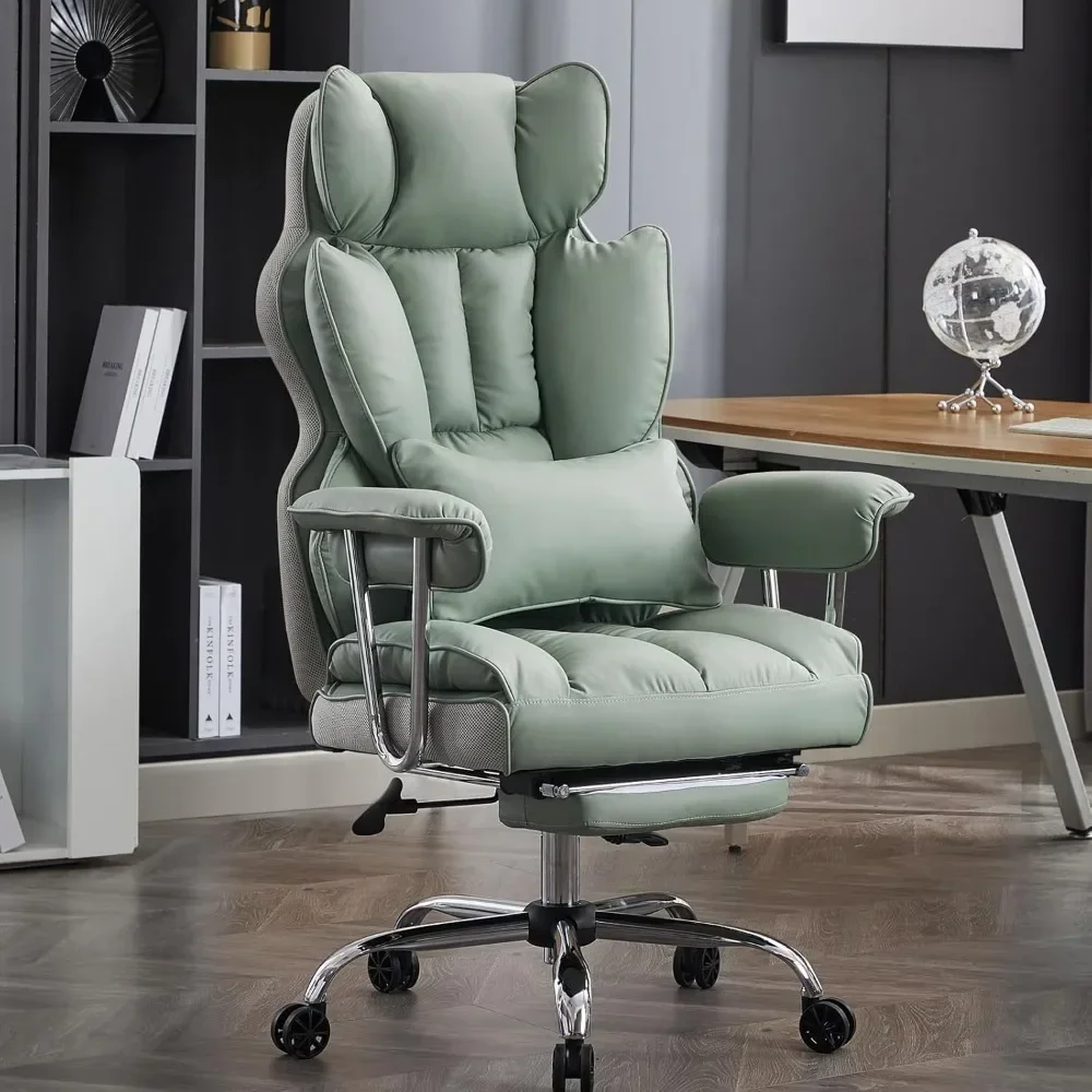 Grande et grande chaise d'ordinateur en cuir PU, chaise de bureau de direction avec assistant jambes et support lombaire, chaise de bureau vert clair