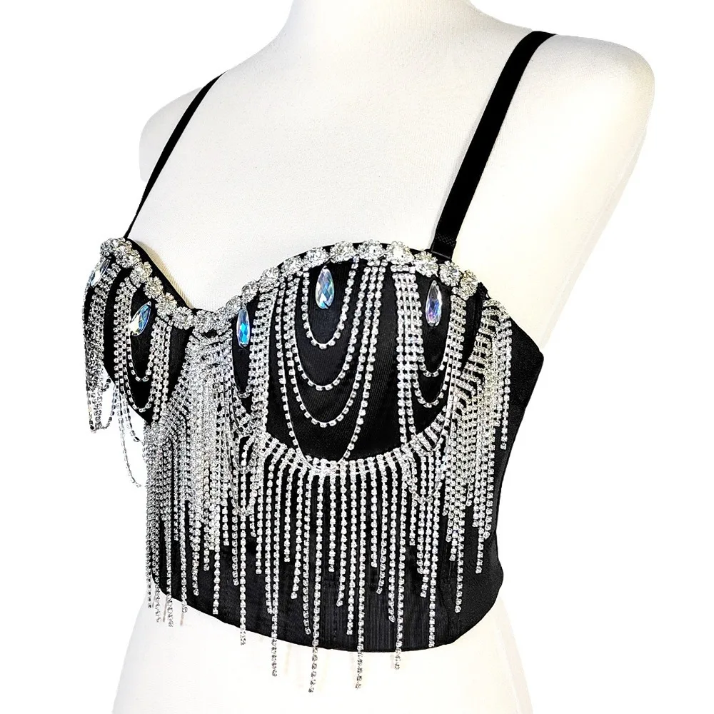 

Гламурный корсетный топ с рыбьей косточкой — сексуальное бюстье с бахромой из бисера и глубоким V-образным вырезом на спине для клуба, сцены и вечера, укороченные топы под грудью