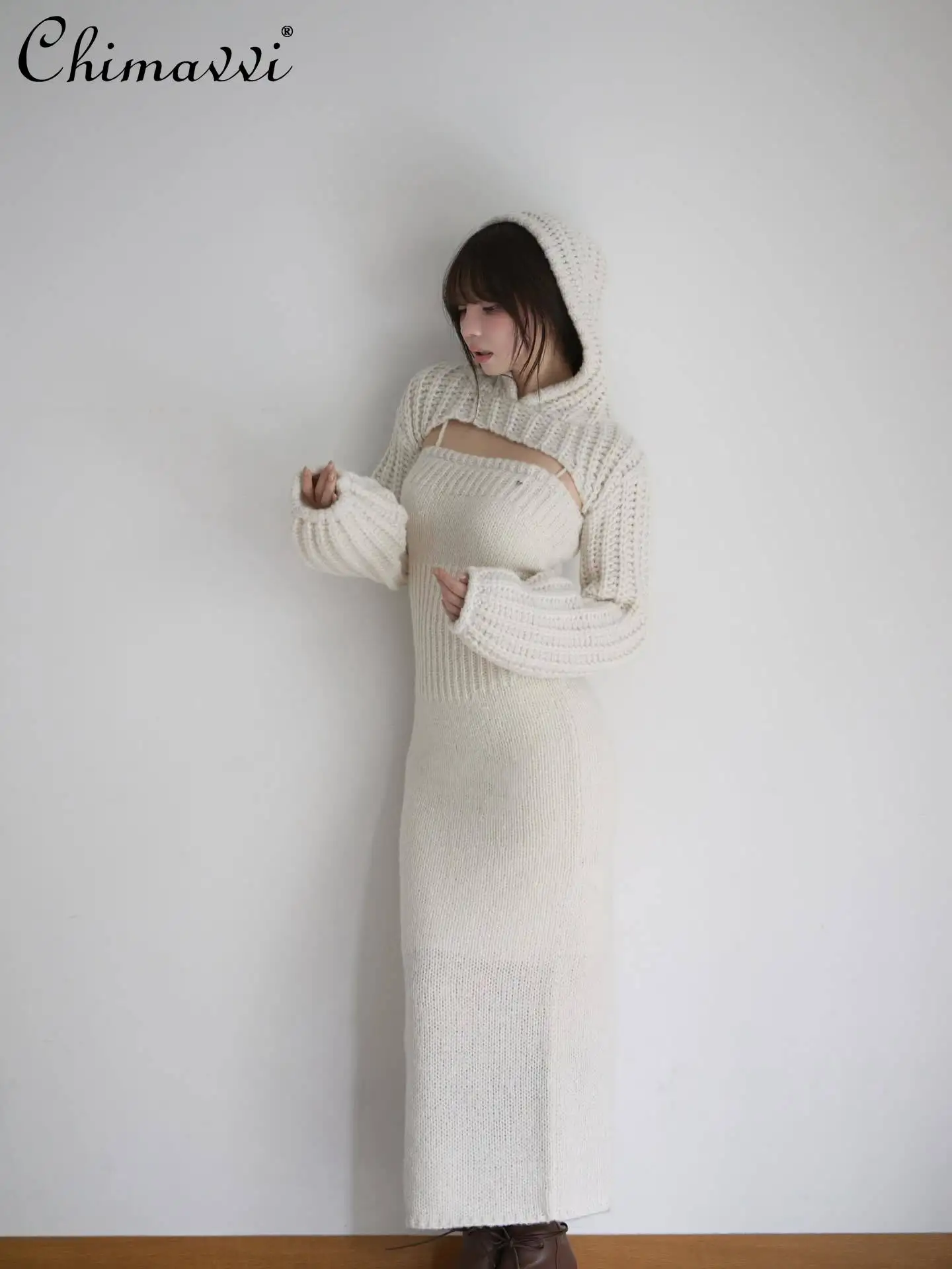 일본 스타일 패션 숄 후드 탑 스트랩 슬림핏 바디콘 니트 드레스 겨울 신상 우아한 여성 투피스 세트