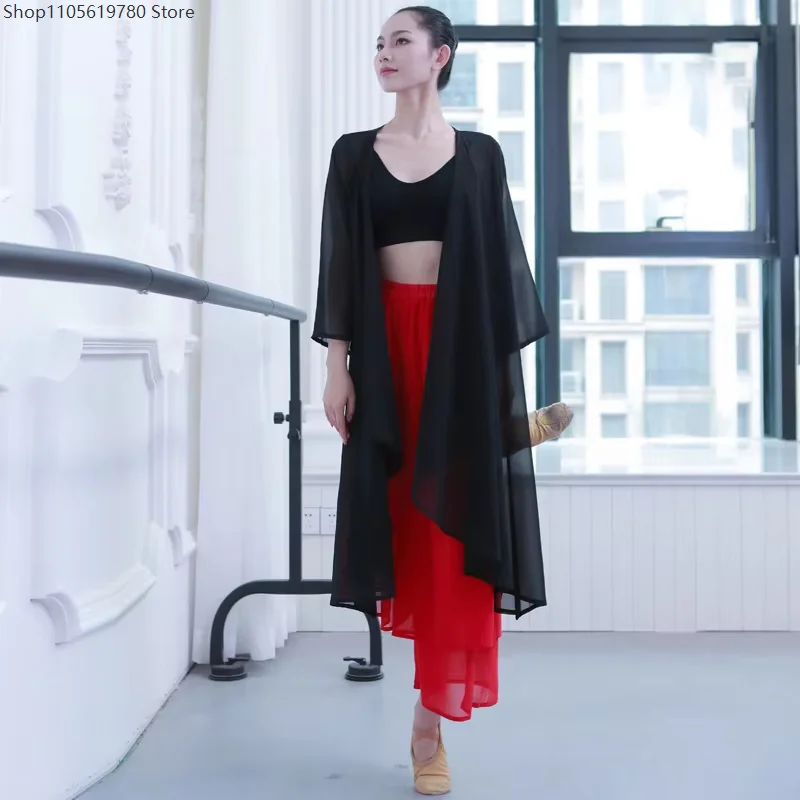 2026 Women Elegant Chiffon Split Hem Long Cardigan Classical Dance Training Modern Dance Role Play Cosplay Practice Costume Tops