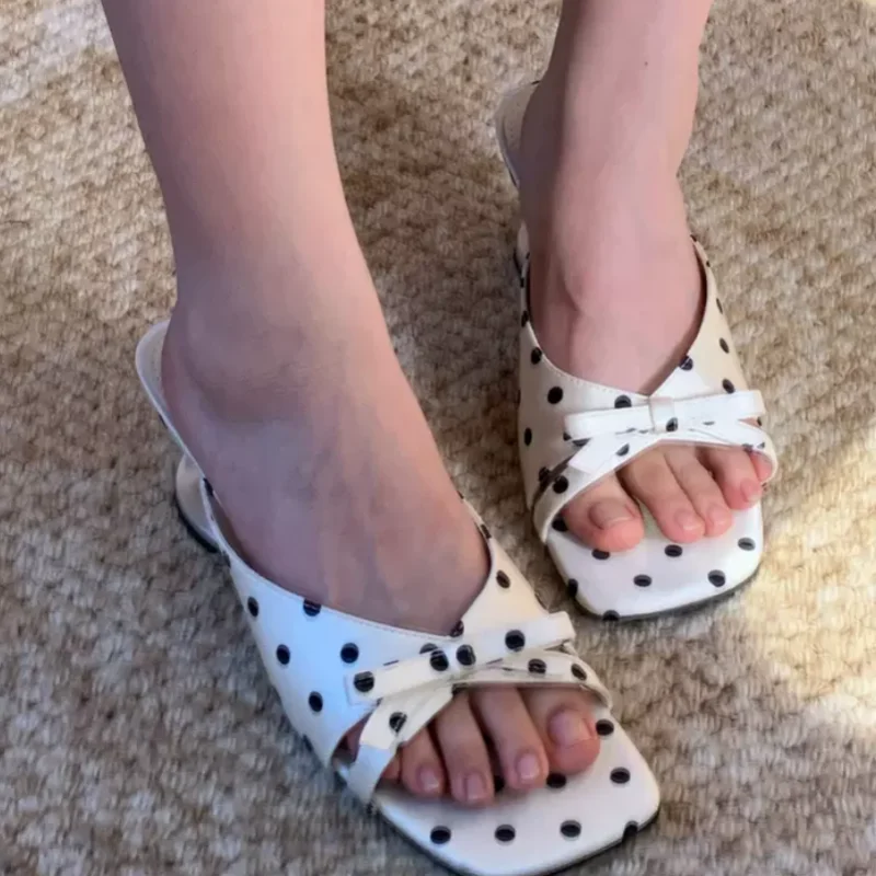 Double Heels Shoes for Womens Dots Square Toes Ladies Sewing Lines Chassure Femme Butterfly-knot Zapatos Mujer Shallow Slippers
