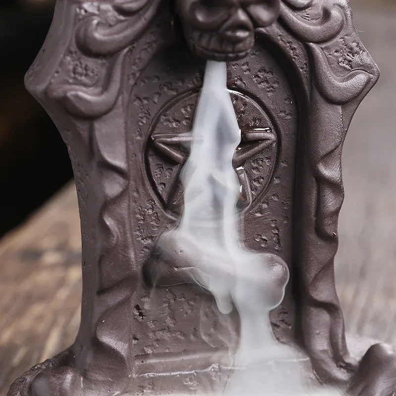 Creative Skull Purple Clay Waterfall Incense Burner Halloween Gifts Home Decor Incense Stick Holder Ceramic Censer Handicrafts