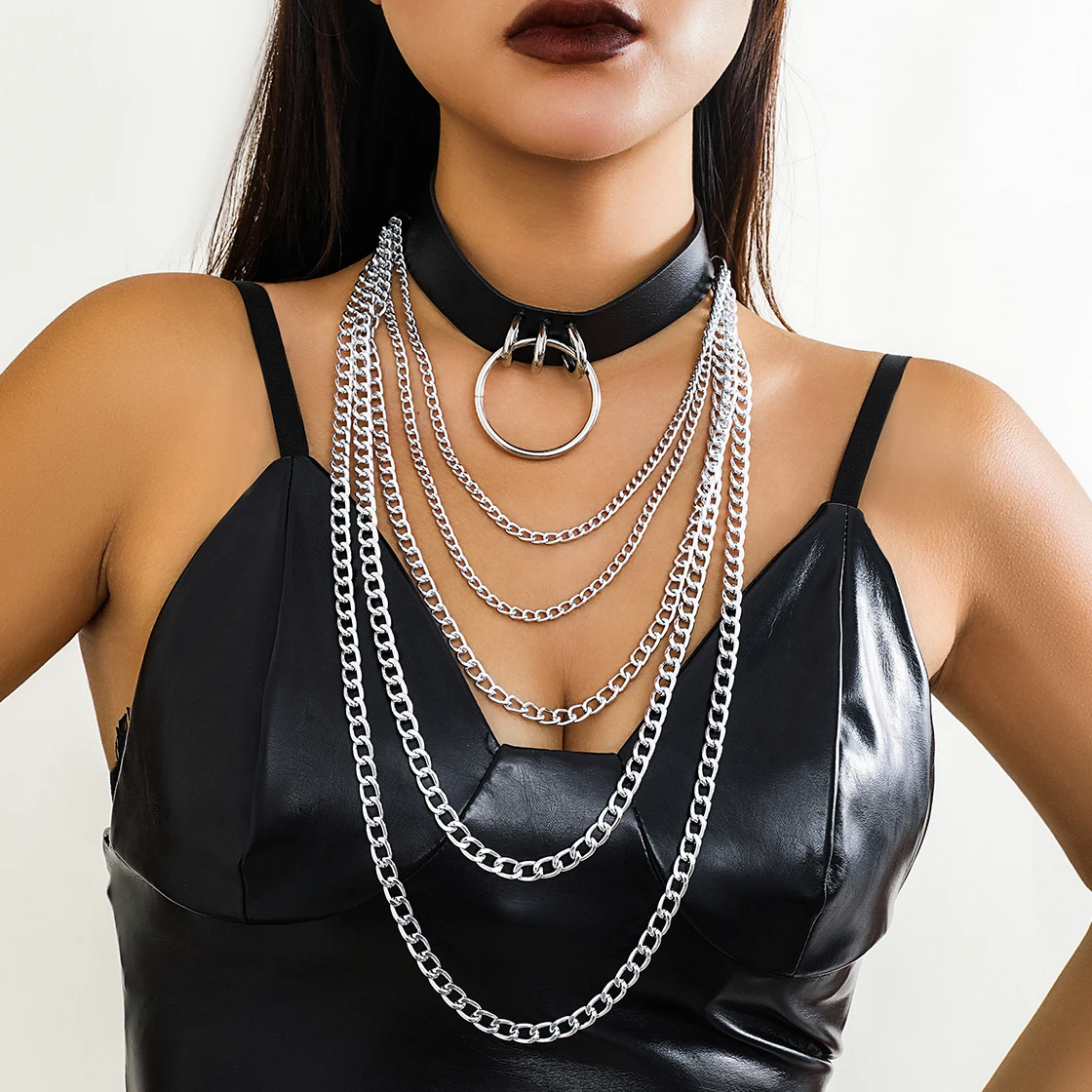 Goth Punk PU Leather Tassel Chunky Chain Necklace Women Collar Hiphop Vintage Round Pendant Choker Grunge Jewelry Steampunk Men