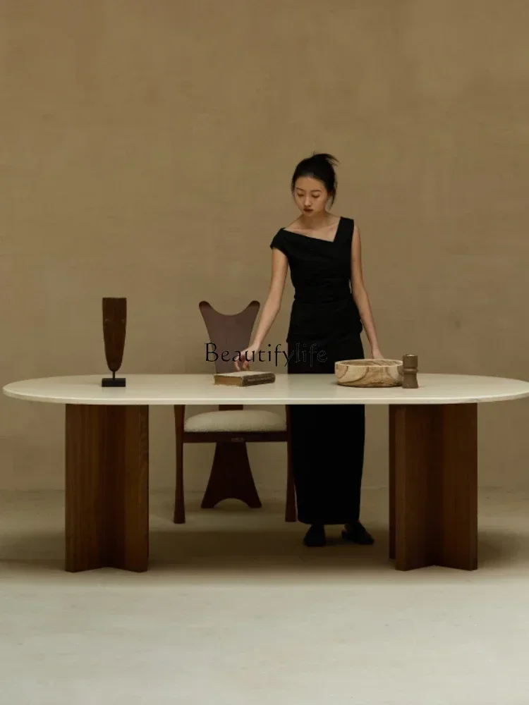 

НОВЫЙ средневековый обеденный стол из травертина, кремовая каменная плита, роскошный каменный светильник, роскошный мраморный овальный стол высокого класса