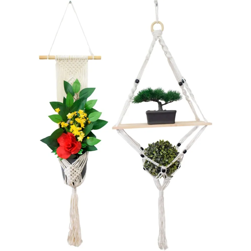 

Set of 2 Macrame Wall Hangings, Hanging Plant Holder, Rustic Wood Floating Shelf with Handwoven Rope for Aesthetic Home Wall Dec
