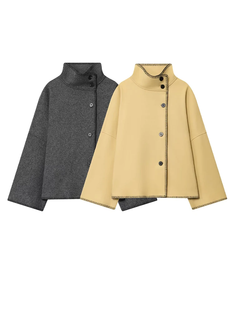 HH 2025, Mode Frau Jacken Casual Lose Dünne Mantel Herbst Elegante Frauen Langarm Rollkragen Einreiher Design Mantel
