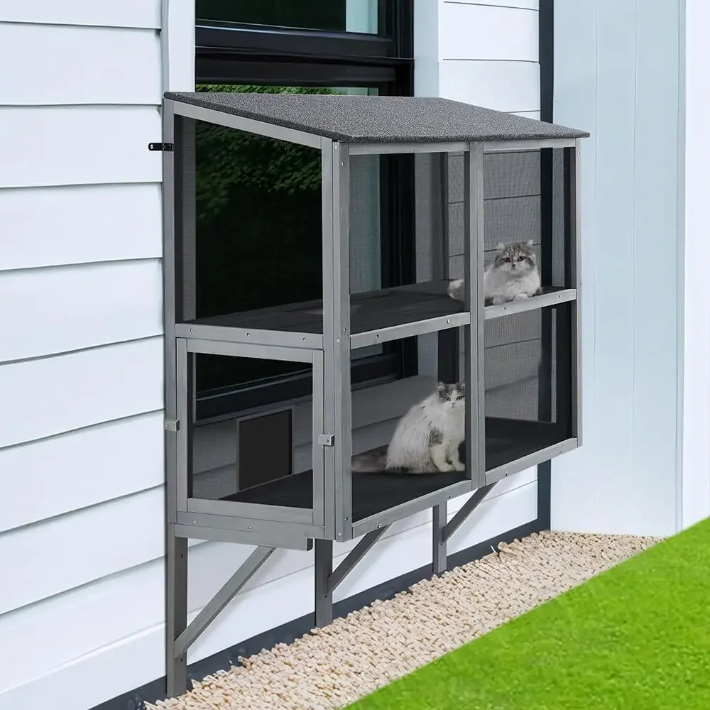 

2 Tiers Bug Proof Cat Catio, Window Cat House with Metal Mesh, Outdoor Enclosure for Indoor Pets, Expandable Wooden Perch, Safe