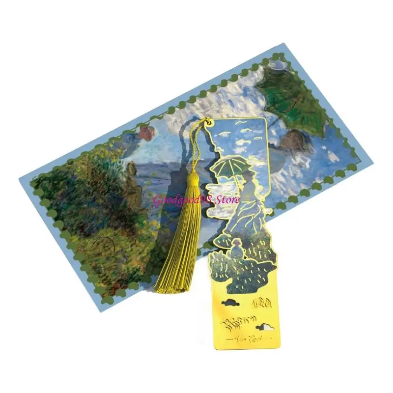 

Oil Painting Metal Bookmarks with Tassels Book Page Marker Hollowed Flower Engraved Bookmarks Gifting for Book Lover