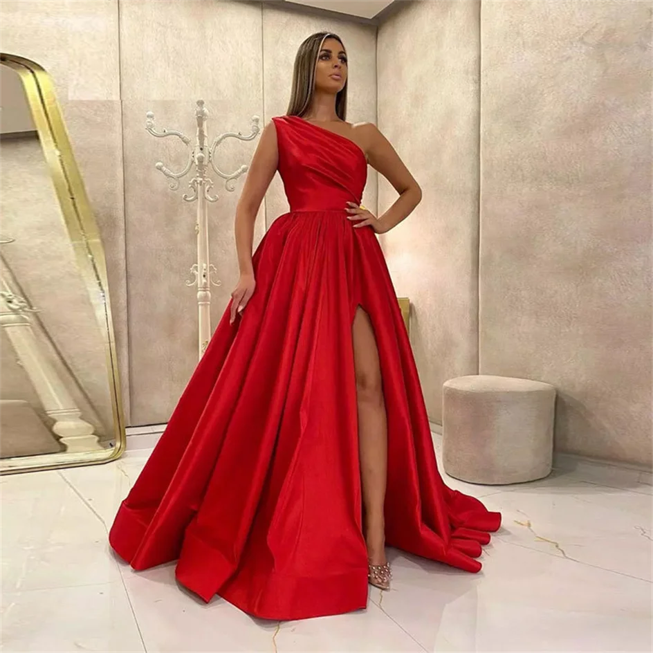 Shiyicey Floor-length Delicacy Long Women\'s One Shoulder Birthday Prom Dreses Satin Side Slit Formal Evening Party Wedding Gowns