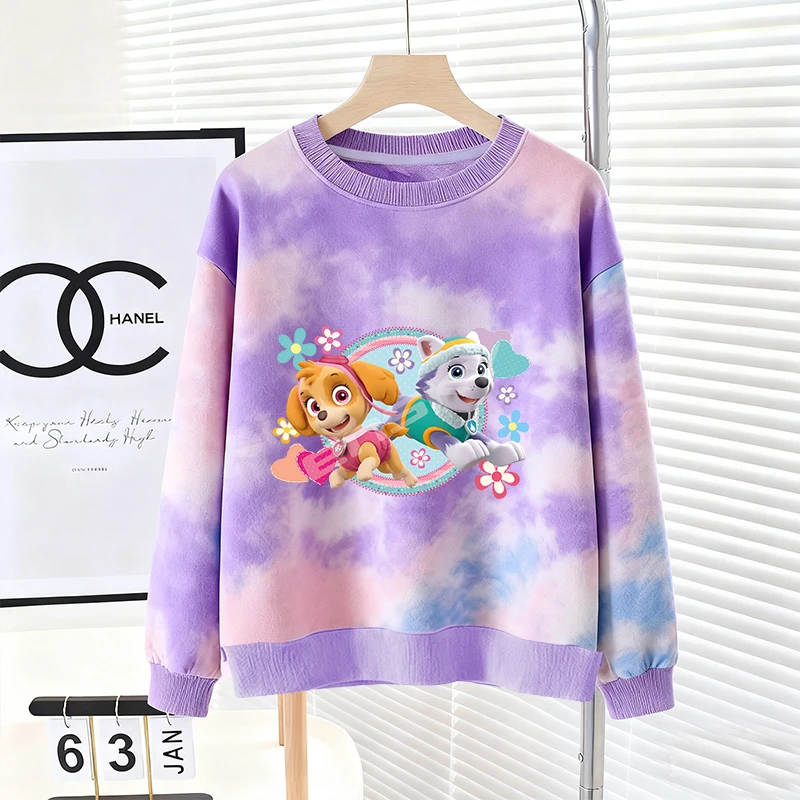 Bluza Paw Patrol z efektem tie-dye dla dziewczynki i chłopca, długa koszulka, sweter, urocza odzież na jesień i zimę, codzienna bluza z okrągłym dekoltem, odzież sportowa.
