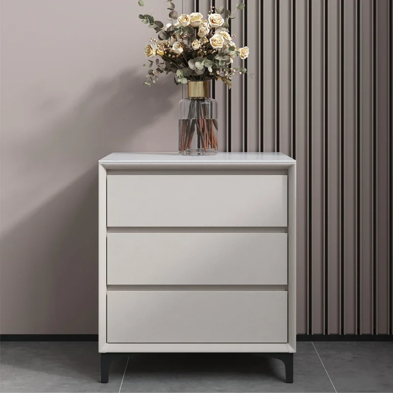 slab three-bucket cabinet bedroom modern minimalist cream wind small side cabinet all solid wood leather bedside table