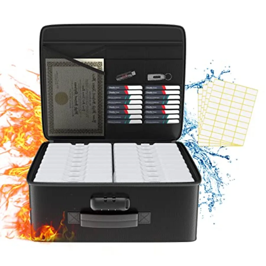 

Fireproof Safe Photo Storage Box with 18 Inner 4" x 6" Clear Photo Cases, Portable Photo Organizer with Lock for Picture, Colla