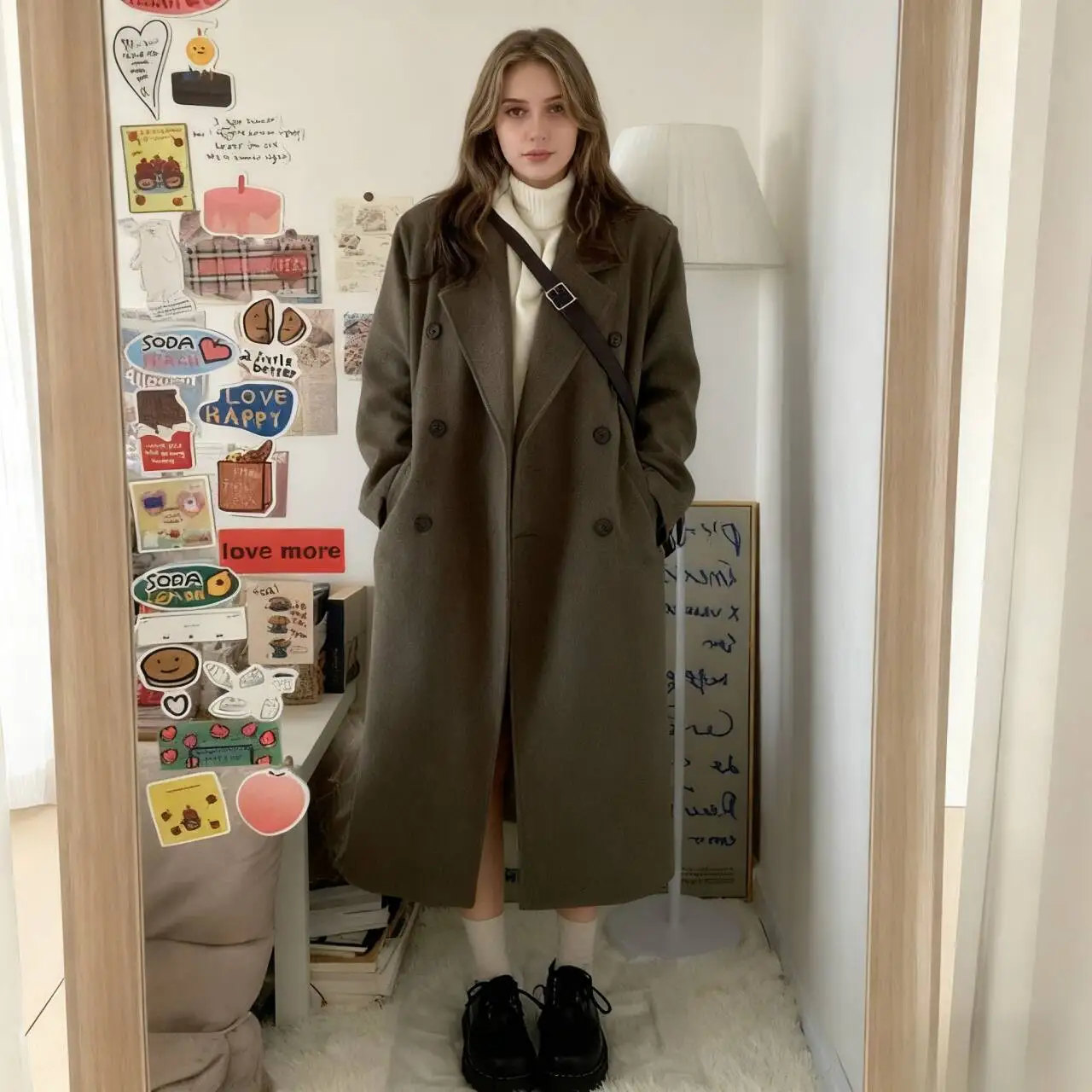 Płaszcze damskie z mieszanki wełny, wełniany płaszcz w kolorze beżowym, jesienny tweed, blokowanie kolorów, zapinany na zamek, krótki, stójka, rękawy balonowe, jednostronny.