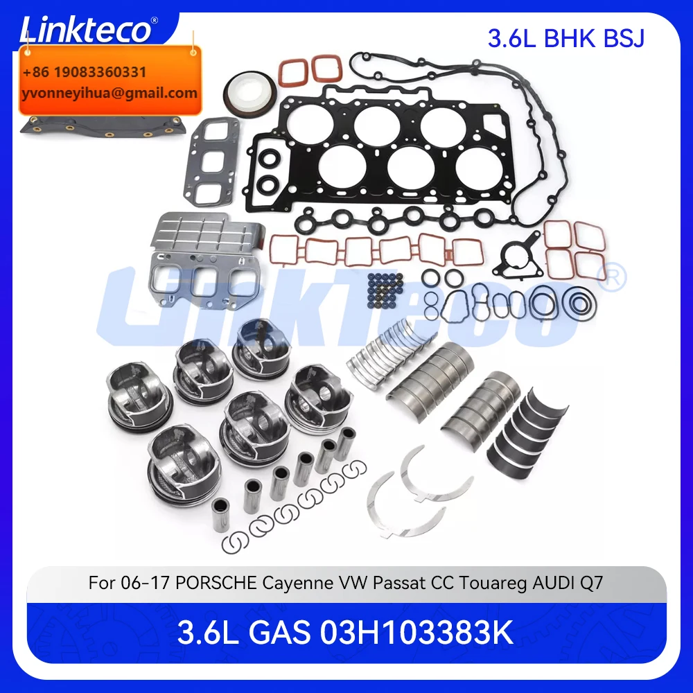 

Комплект для капитального ремонта двигателя: полный набор прокладок, подшипников, поршневых колец для 3.6 л бензиновых двигателей, подходит для Porsche Cayenne, VW Touareg, Passat, AUDI Q7 3.6L (2006-2017)