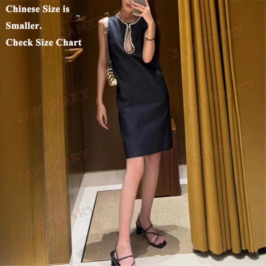 여름 비즈 블루 데님 진 드레스 여성 민소매 베스트 탱크 A라인 속이 비치는 다이아몬드 미니 숏 드레스 휴가용 스위트