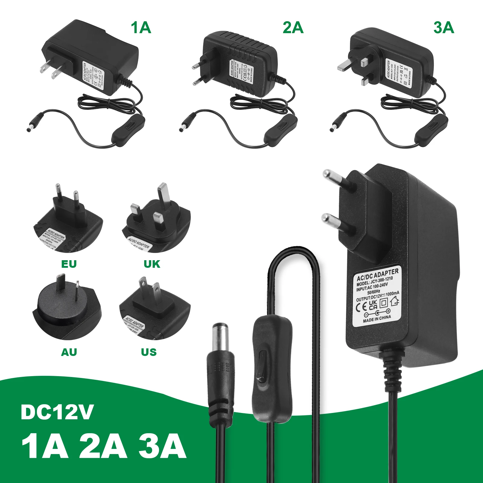 Power Supply with Switch AC110-220V to DC12V Transformer Adapter LED Driver Converter EU US UK AU Plug 1A 2A 3A for LED Light