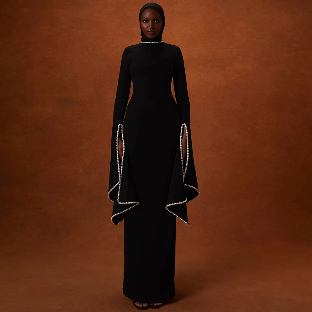 

Модное черное вечернее платье по индивидуальному заказу с круглым вырезом и длинными рукавами, жемчугом, прямое вечернее платье в Саудовской Аравии, арабские платья для выпускного вечера
