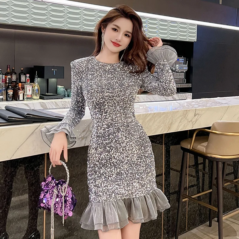 Birthday Party Dress Winter Design Horn Long Sleeve Slim-Fit Sequined Fishtail