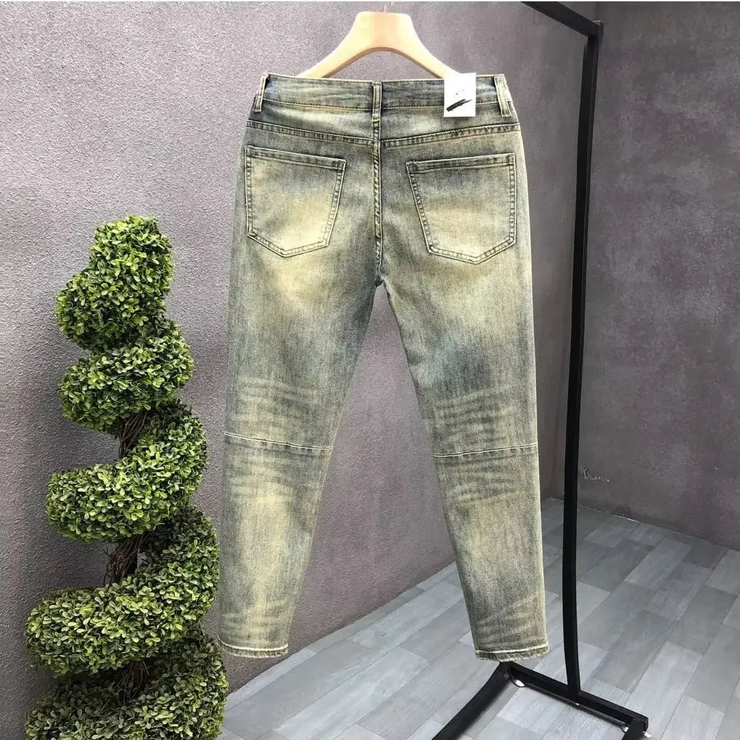 Simplewashing Distressed Men's Jeans Slim Fit Vintage Cropped Pants Light Tone Holes Small Footwear Trendy Summer Style