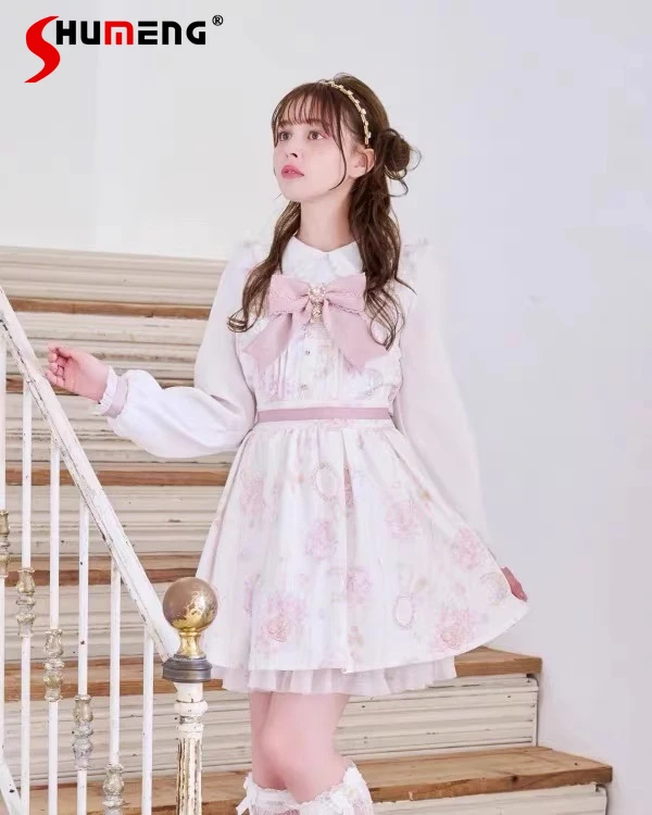 

Japanese Mine Liz Sweet Lolita Long Sleeve Dresses Op Autumn 2025 Girl's Cute Bow Print Short Dress Princess Tea Party Dress