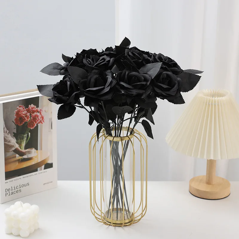 5pcs Silk Black Rose Artificial Flower Head Bouquet Home Living Room Wedding Chritmas Decoration 2025 New Year Decor Fake Flower