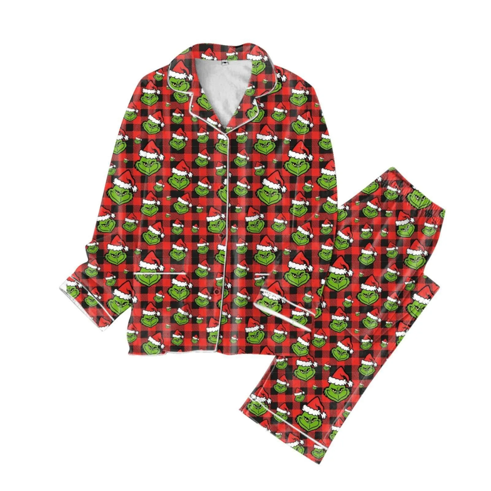 Conjunto de camisa y pantalones con botones de manga larga y estampado en forma de corazón de satén rojo para mujer Conjunto de pijama informal
