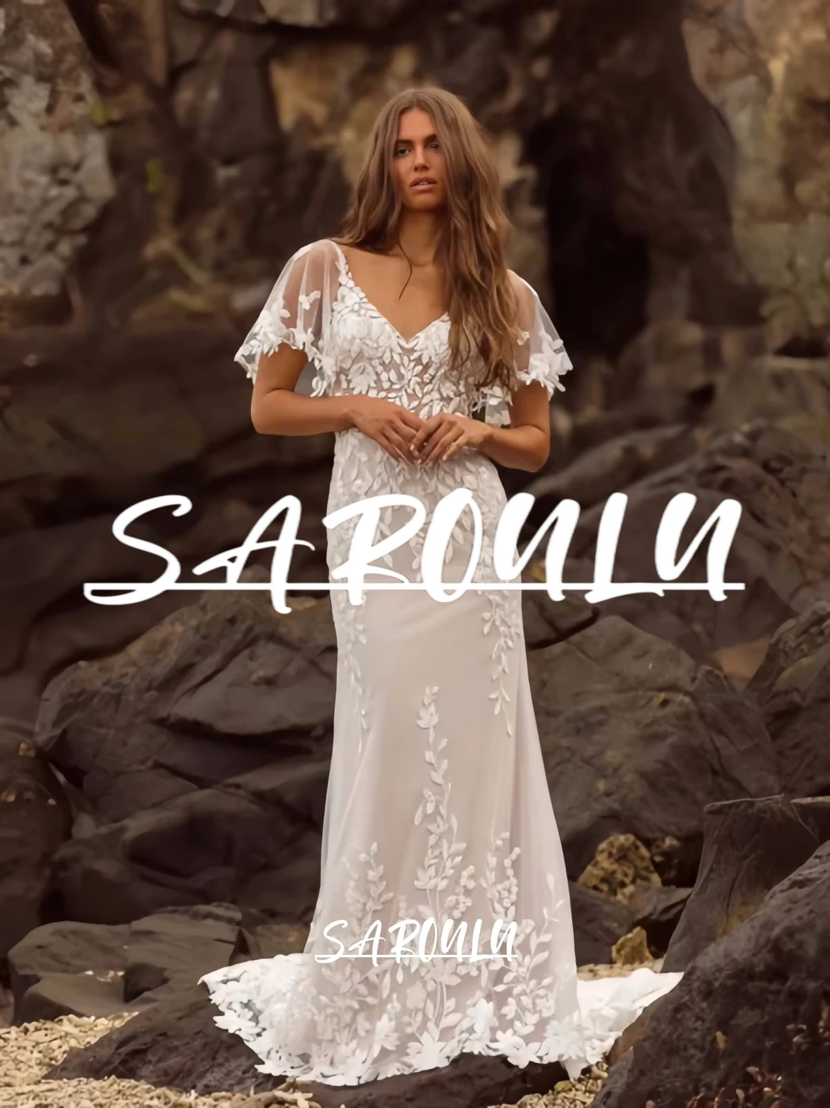 

Beach Lace Wedding Dress for Women Short Flare Sleeves Sheath Bride Dresses Customized Long Bridal Gown Sweep Train