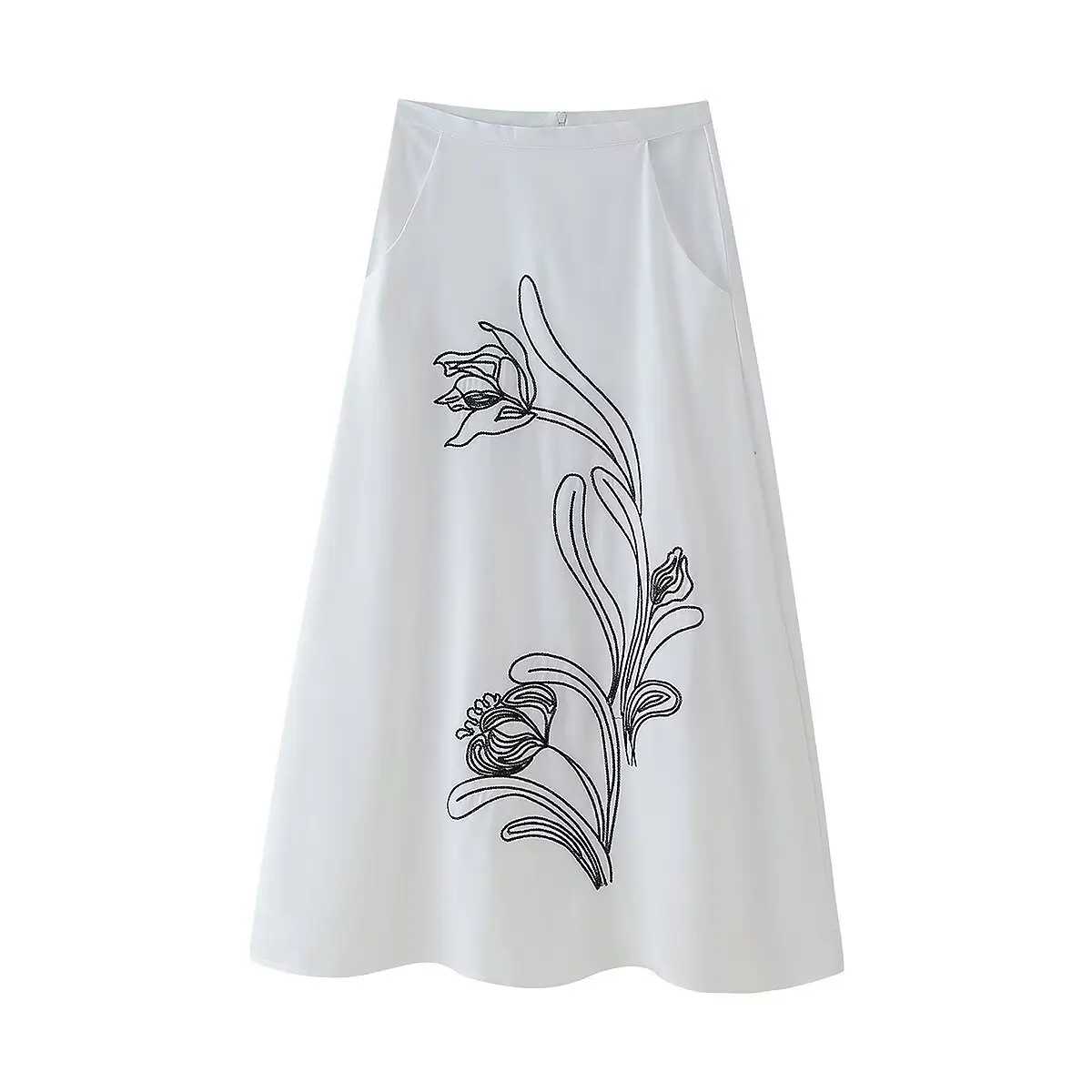 

2024 Summer New Elegant Female Party Office Lady Streetwear Embroidered Long Skirts For Women A-line High Waist Pockets Skirts