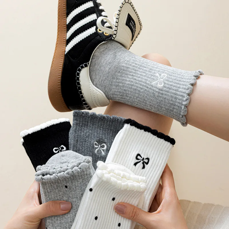 

6 пар женских носков средней длины с бантами в горошек, весна-осень, милые, универсальные, удобные, повседневные, простой дизайн