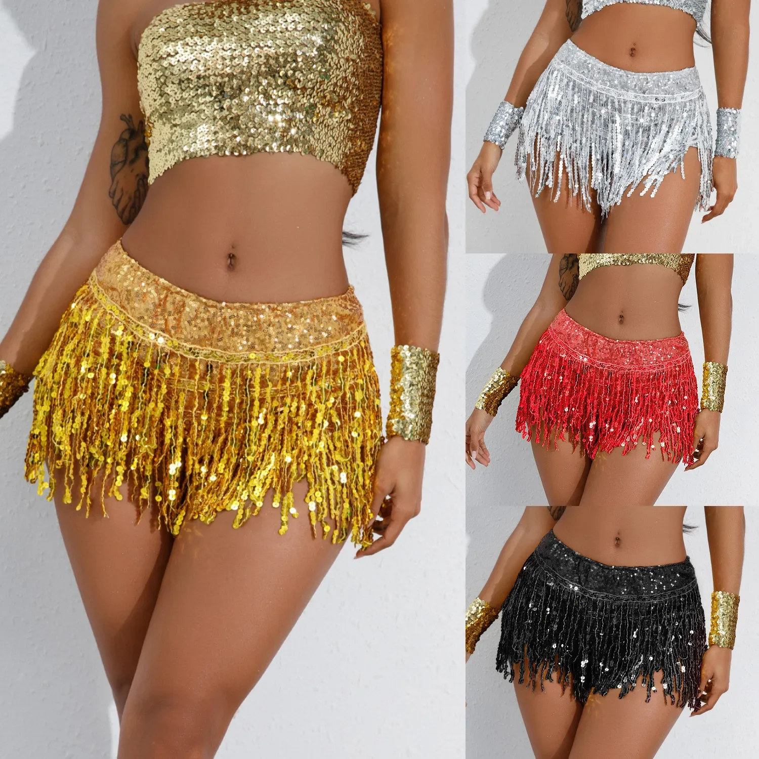 

Sequin Latin Dance Dress Stage DS Performance Dress Female Sequin Tassel Shorts Bar Performance Skirt