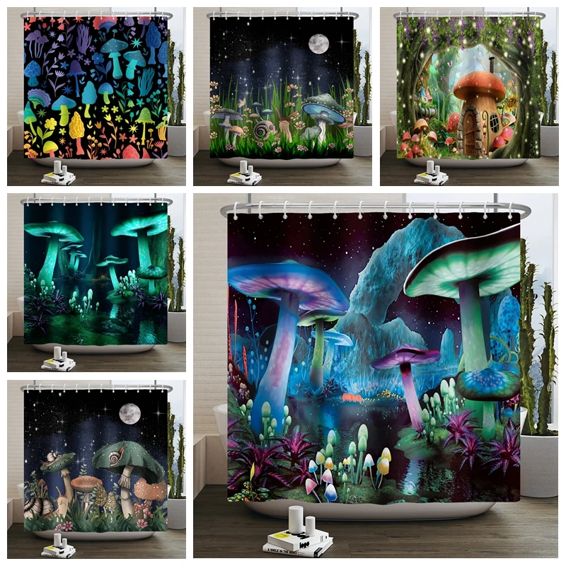 

Psychedelic Trippy Mushroom Shower Curtain Magic Butterfly Moon Castle Jungle Bathroom Waterproof Fabric Bath Curtains 180x240