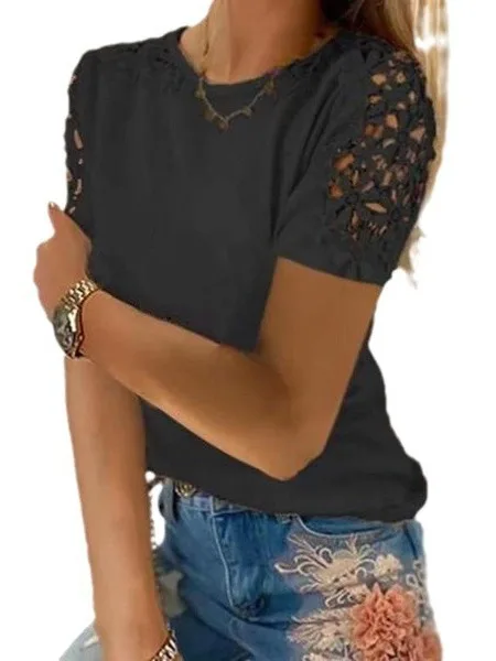 カジュアルなルーズフィット、またはラウンドネック、スプライス加工のTシャツ、女性用、夏シーズン、レギュラー丈、その他素材00%、レディースファッション