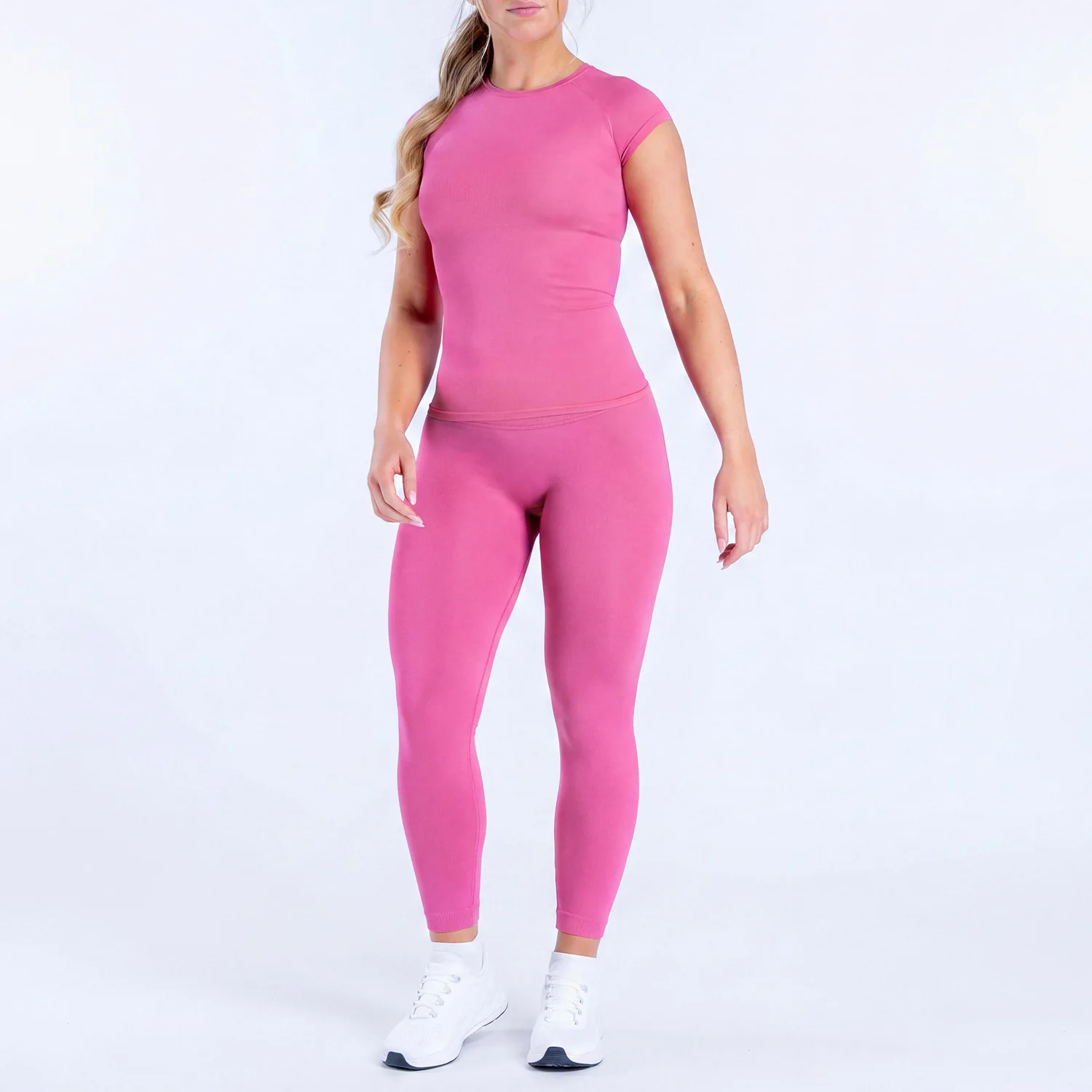 WAREBALL Damen 2-Teiliges Nahtloses Fitness-Outfit Kurzarm-Oberteil Hochgeschnittene Leggings Gym Workout Sportbekleidung Yoga-Set – Detail 7