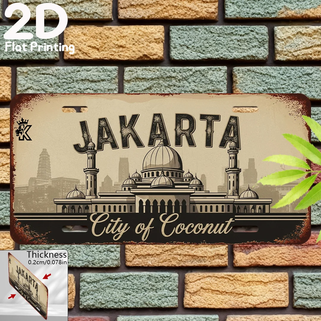 2D Flat, Vintage Aluminum Sign, 2D Flat Print, 1pc, Decorative Plaque & Ornament (15.24cm x 30.48cm), Jakarta City of Coconuts,