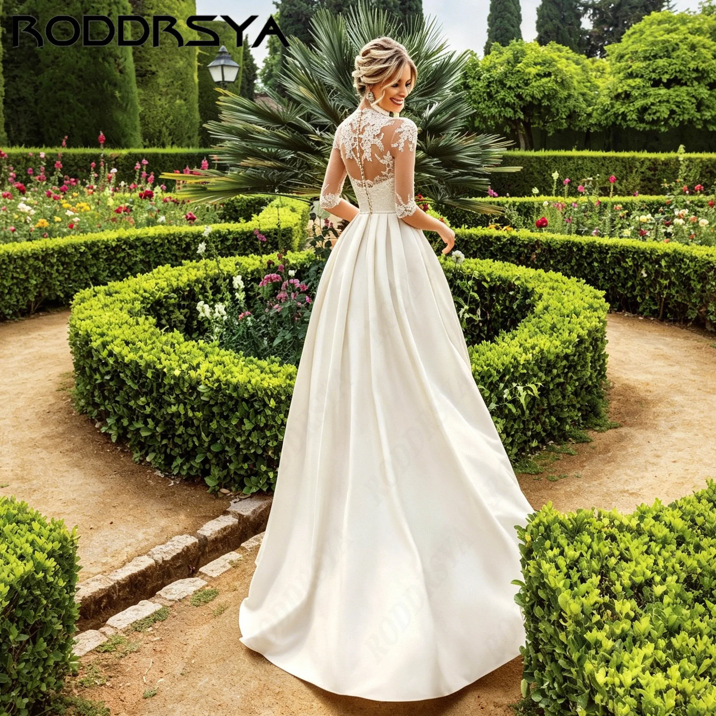 RODDRSYA Illusion Back Satin Wedding Dress Bridal Appliques Half Sleeve A-Line Gown Scoop Neck vestidos de novia Personalized