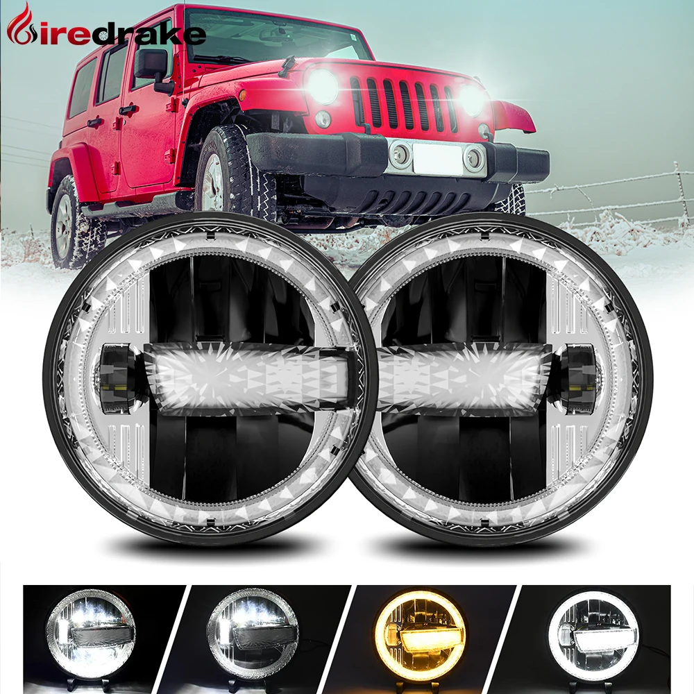 7-inch Wrangler Headlights Jeep Round Diamond Halo Headlight H4 High Power 300W 300000LM Headlamp for JK Harley Hummer 6000K 30V