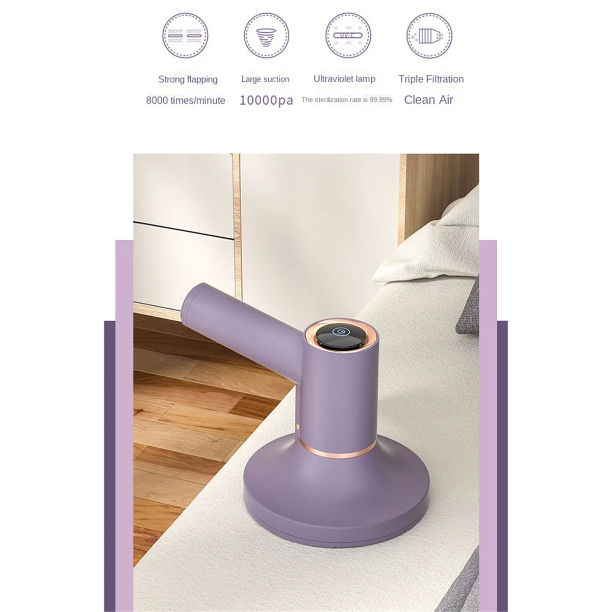 Mite Remover Mini Wireless Bed Vacuum and Remove Mite Eliminator Dehumidification Vacuum Cleaner for Home Purple