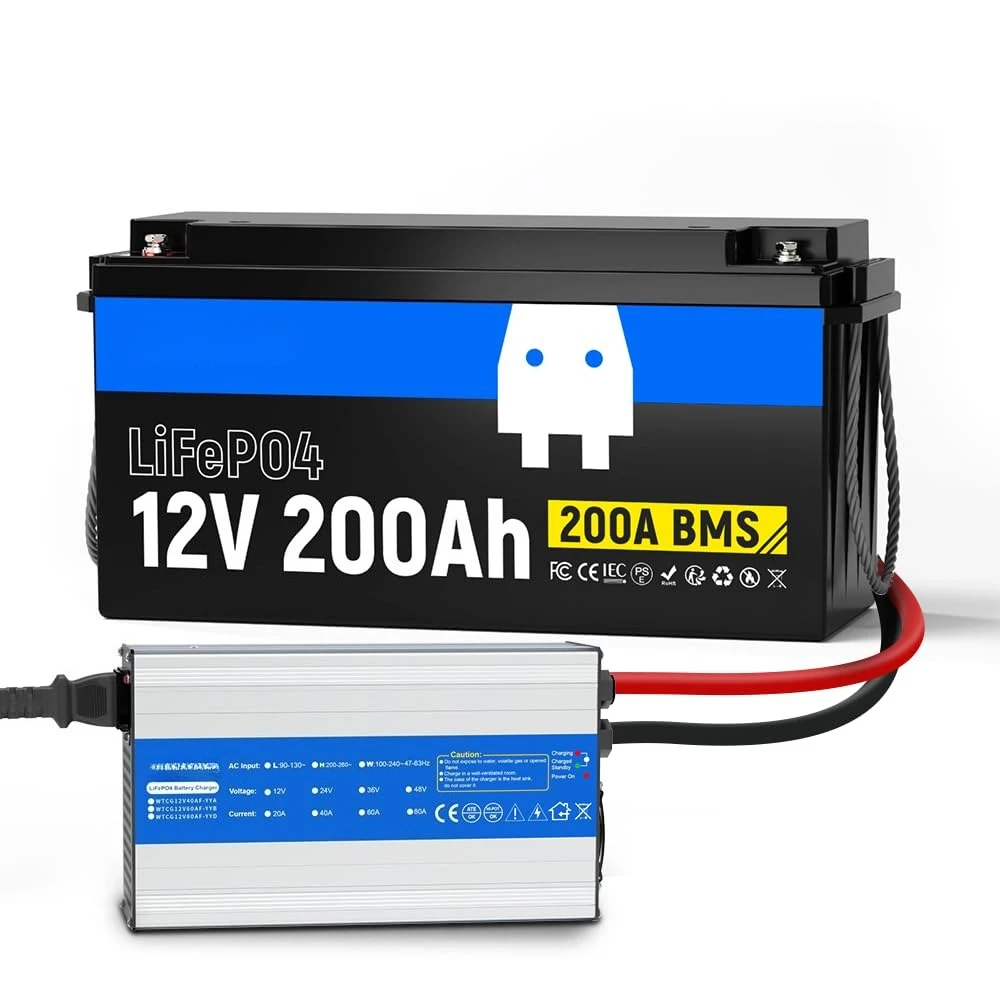 

12V 200Ah Mini LiFePO4 Battery with 12Volt 40A Charger, Lithium 200ah Deep Cycle Marine Trolling Motor Battery, Customized