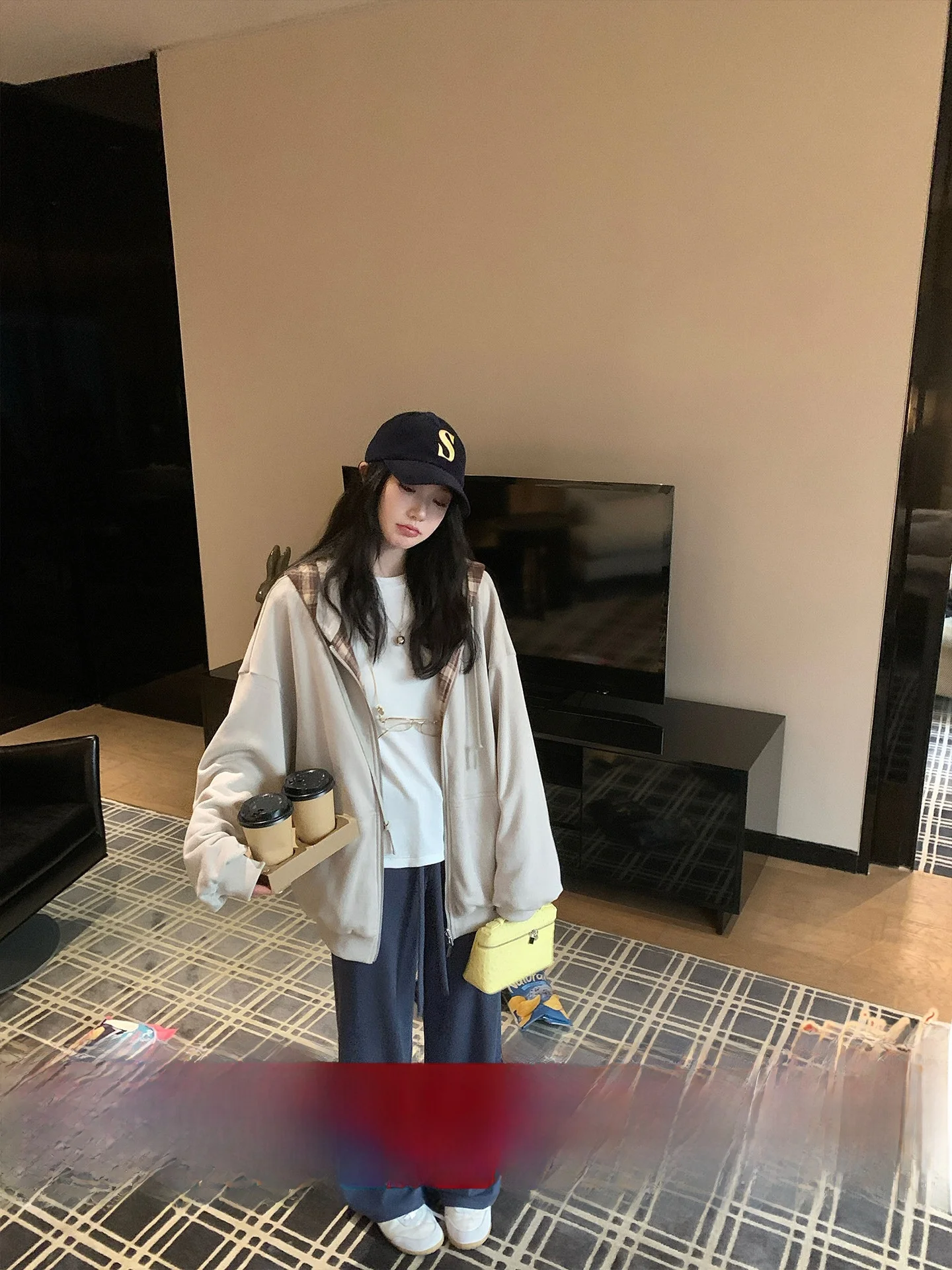 

Casual Plaid Hooded Jaet Women's Double-Sided Wear American Retro Coat Loose Fit Autumn New Sle Ladies' ort Outerwear