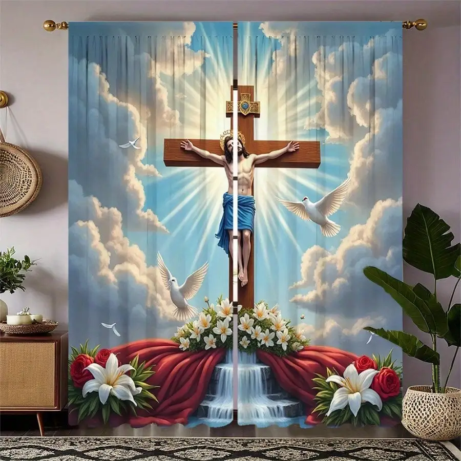 Jesus On The Cross With White Doves And Floral Waterfall, Red Fabric Atmosphere Holiday Home Decor For Living Room